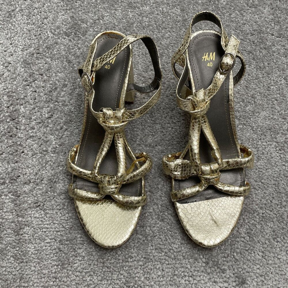 H&M Block Heels Sandals Womens 9 40 Gold Snake Skin Strappy Buckle Party Casual
